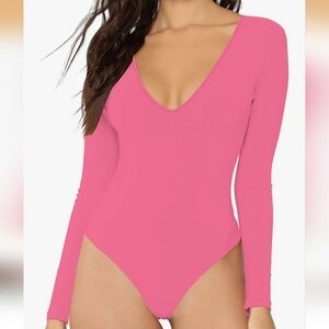 Long Sleeve Deep V Bodysuit - Pink